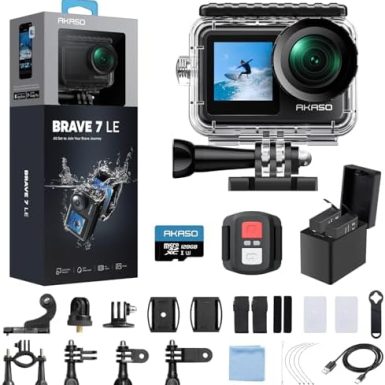 AKASO Brave 7 LE 4K30fps Action Camera with 128GB MicroSDXC U3 Memory Card Accessories Kit Bundle Ultra HD 131FT Waterproof Camera EIS 2.0 WiFi Remote Control Zoom Underwater Camera